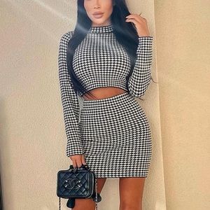 Black and white houndstooth bodycon 2 piece skirt set XS X SMALL